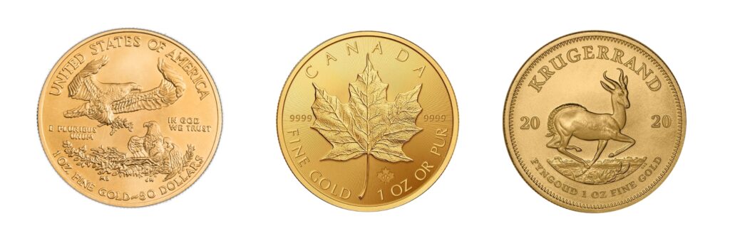 American Gold Eagle, Canadian Maple Leaf and South African Krugerrand
