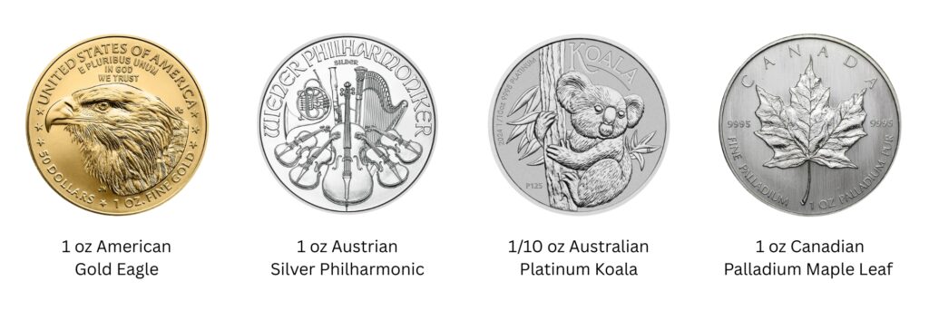gold, silver, platinum and palladium bullion coins