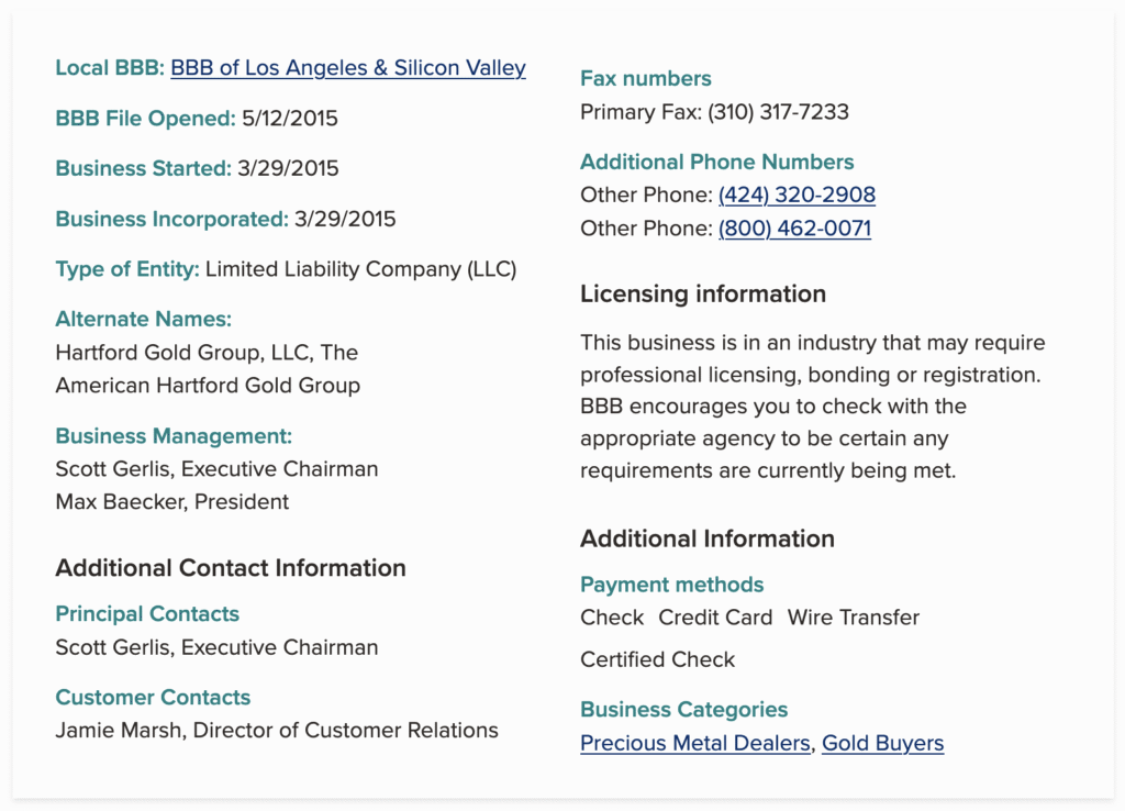 Better Business Bureau information for American Hartford Gold