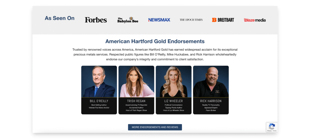 American Hartford Gold endorsements