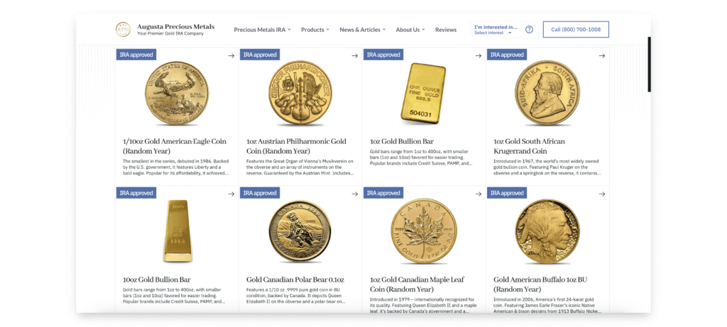 gold coins and bars offered by Augusta Precious Metals
