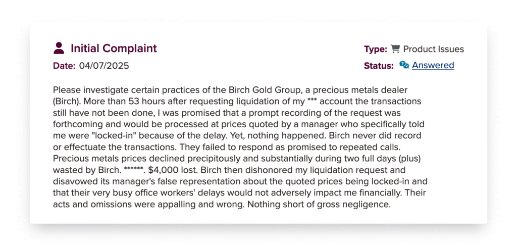 BBB complaint about Birch Gold Group