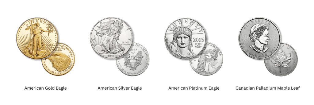 gold, silver, platinum and palladium coins