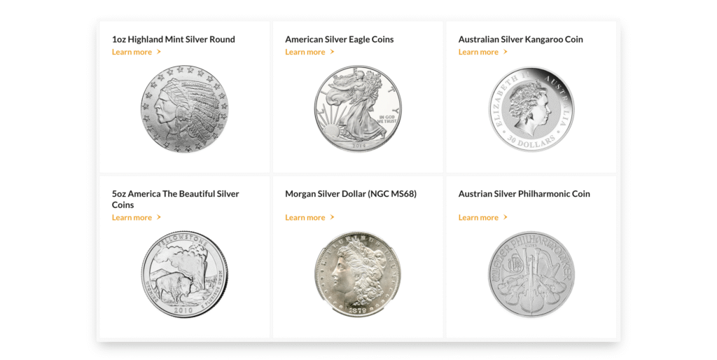 Silver coins offered by Noble Gold Investments