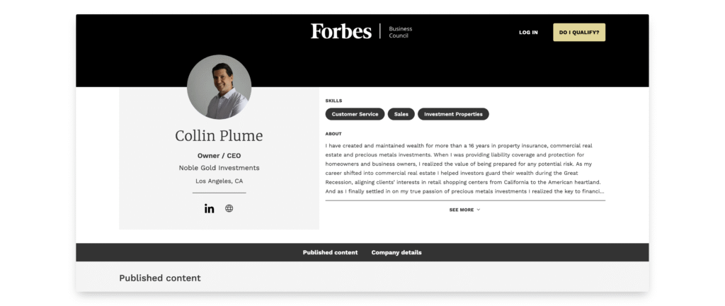 Noble Gold's Collin Plume is a Forbes Business Council Member