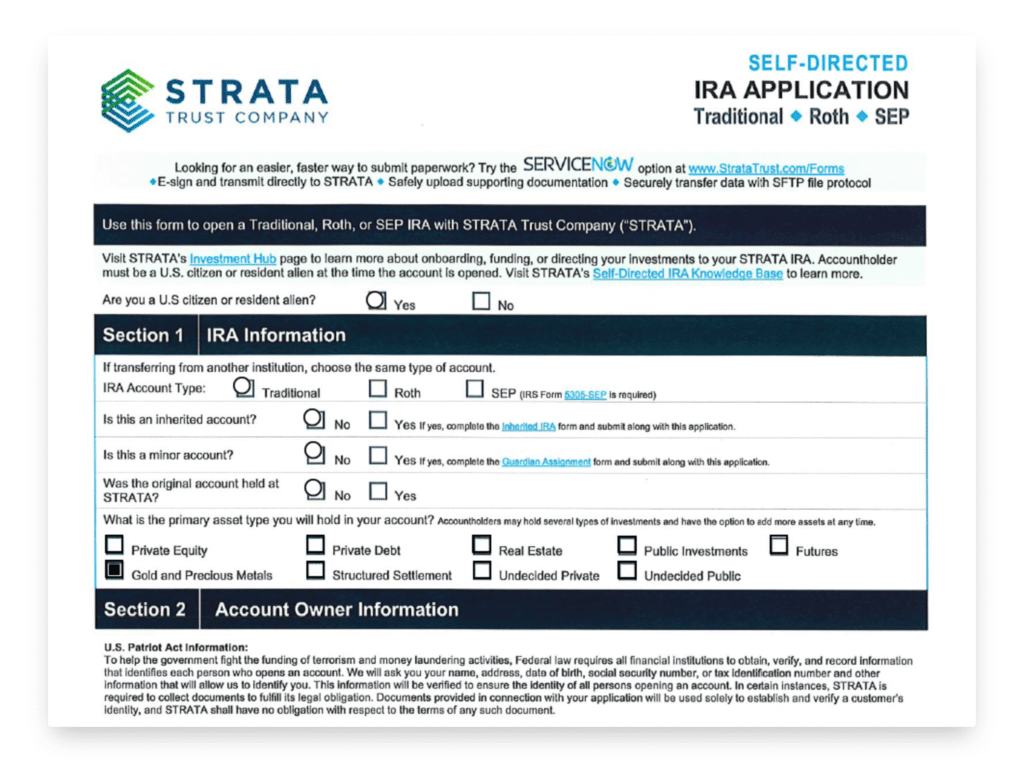 STRATA Trust self-directed IRA application form